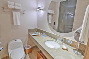 un bagno con un water, un lavandino e uno specchio di GHL Hotel Monteria a Montería