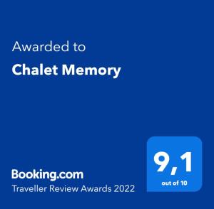 Certifikát, hodnocení, plakát nebo jiný dokument vystavený v ubytování Chalet Memory