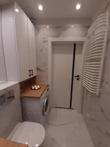 a bathroom with a toilet and a washing machine at P&P Apartments in Kraków