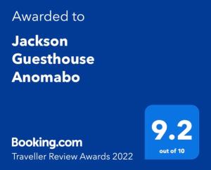 Un certificat, premiu, logo sau alt document afișat la Jackson Guesthouse Anomabo