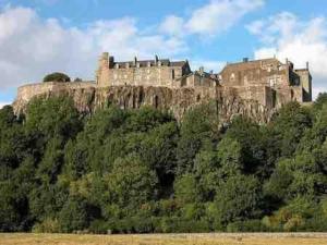 un castillo en la cima de una colina con árboles en Allerton - Victorian Character Home in Stirling en Stirling