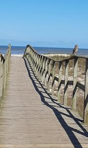 a wooden boardwalk leading to the beach at Recanto da Lagoa in Passo de Torres