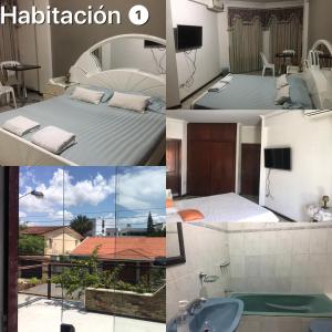 a collage of photos of a bedroom and a bathroom at Safety and Comfort in Santa Cruz de la Sierra