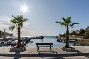 a bench between two palm trees next to a marina at Apartment Luna in Lun