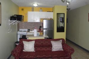 a living room with a couch and a kitchen at Comfy, Central & Elegant Studio New Kingston in Kingston
