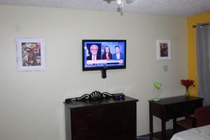a flat screen tv on a wall in a living room at Comfy, Central & Elegant Studio New Kingston in Kingston