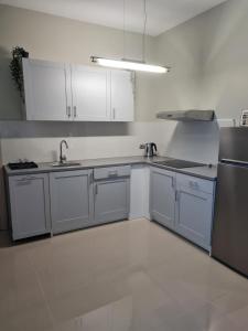 una cocina con armarios blancos y electrodomésticos de acero inoxidable en Grundenberga en Baldone