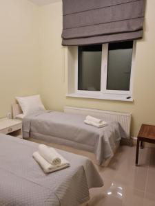 dwa łóżka w pokoju z oknem w obiekcie Grundenberga w mieście Baldone