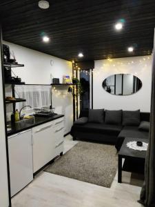 a kitchen and living room with a couch and a table at Meža māja in Zaķumuiža