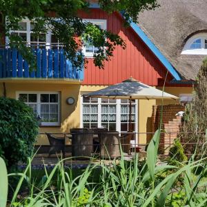 een huis met een bos van blauwe water containers bij "Kombüse" by Ferienhaus Strandgut in Born