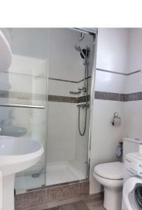 een badkamer met een douche, een toilet en een wastafel bij Appartement très agréable in Fréjus