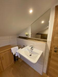 a bathroom with a sink and a mirror at Feriendorf Büchelberg in Windorf