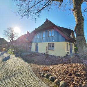 een huis met een boom ervoor bij "Schiffszimmermannshaus" by Ferienhaus Strandgut in Born