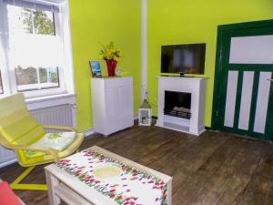 sala de estar con chimenea y TV en Ferienwohnung Gluehwuermchen, en Barnin