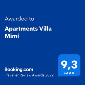 Sertifikāts, apbalvojums, norāde vai cits dokuments, kas ir izstādīts apskatei naktsmītnē Apartments Villa Mimi