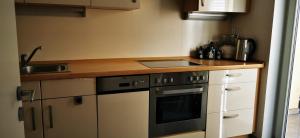 a small kitchen with a stove and a sink at Tolle, gemütliche, voll möblierte 3 Zimmer Wohnung. in Baden-Baden