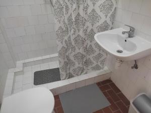 a bathroom with a sink and a shower curtain at Napsugár Szálló Baja in Baja