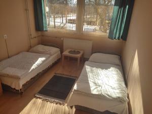 2 camas en una habitación pequeña con ventana en Napsugár Szálló Baja, en Baja