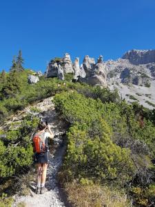 a person with a backpack standing on a mountain trail at Apartment Tauernblick in Ramsau am Dachstein