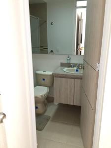 a bathroom with a toilet and a sink and a mirror at HERMOSO APARTAMENTO EN GIRARDOT CON AIRE ACONDICIONADO in Girardot