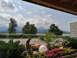 a garden with flowers and a sign in the foreground at Hotel Fischer am See in Füssen