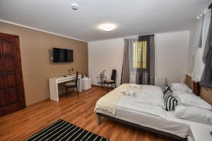 a bedroom with a bed and a desk and a television at É-Vaskó Panzió Borpince in Tokaj