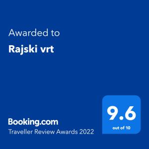 a blue screen with the text awarded to rashakrit vitt traveller review awards at Rajski vrt in Vrdnik