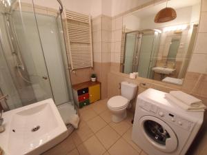 a bathroom with a toilet sink and a washing machine at InnerCity Apartments in Budapest