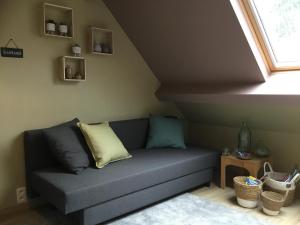 a blue couch in a living room with a window at 't Greefsch Geluck in Kalmthout