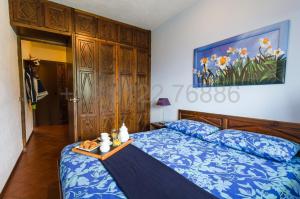 ein Schlafzimmer mit einem blauen Bett und einem Tablett darauf in der Unterkunft Resort Palace Sestriere 1 e 2 in Sestriere