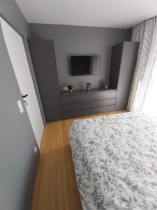 una camera con letto e TV a schermo piatto di Wizjonerów Luxury Apartment & Garage a Cracovia