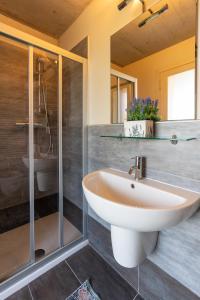 a bathroom with a sink and a shower at Casa di campagna Tony con piscina e vista lago in Gravedona