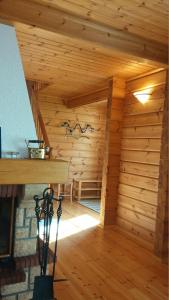 a room in a log cabin with a fireplace at Vila Dovilas in Palanga