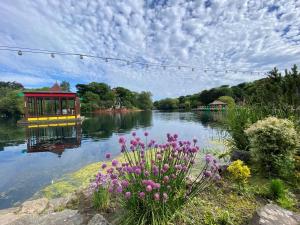 a view of a lake with flowers and a gazebo at The Helaina Apartments in Scarborough