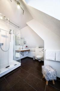 a bathroom with a shower and a toilet at Hotel Rüdesheimer Hof in Rüdesheim am Rhein