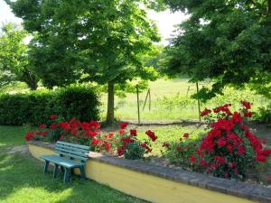 a blue bench in a garden with red flowers at Apartment Cascina Virginia-3 by Interhome in Vigliano d'Asti