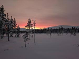a snow covered field with trees and a sunset at Holiday Home Tunturitupa kuolpuna by Interhome in Raattama