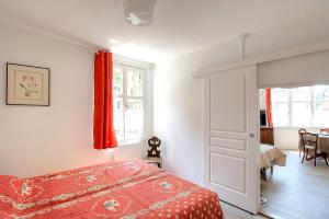a bedroom with a bed and a red curtain at Appartement Le bain aux plantes in Strasbourg