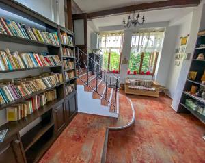a room with shelves of books and a staircase at Pension Casa cu Tei in Sărata-Monteoru