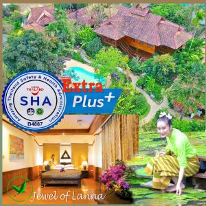 チェンマイにあるOriental Siam Resort - SHA Extra Plus Certifiedの女性がリゾートの前に座っている