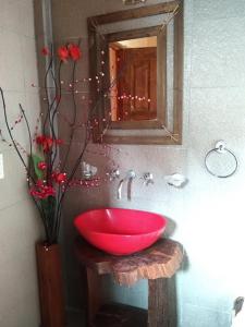 un bagno con una ciotola rossa su un supporto di legno con uno specchio di Sueño del Bosque a Santa Teresita Altre 18 foto