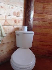 a toilet with a roll of toilet paper on top of it at Eco Albergue Azul in Cuispes