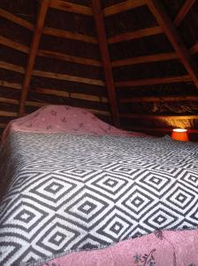 a bed in a room with a wooden ceiling at Eco Albergue Azul in Cuispes