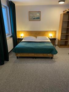 a bedroom with a bed and two night stands at Apartamenty Hucuł in Brenna