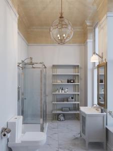 a bathroom with a shower and a toilet and a chandelier at Interior Designed Luxury Home in Central London in London