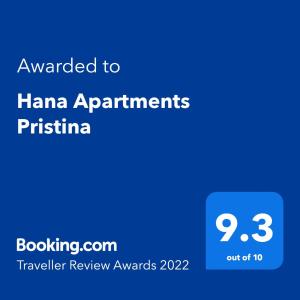 Sertifikāts, apbalvojums, norāde vai cits dokuments, kas ir izstādīts apskatei naktsmītnē Hana Apartments Prishtina