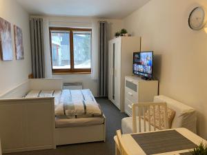 una camera da letto con un letto e una TV di Horský apartmán ROKY - Krkonoše a Rokytnice nad Jizerou