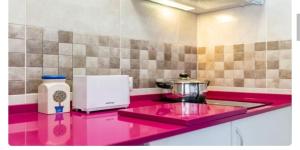 eine Küche mit einer rosa Arbeitsplatte und einem Mixer in der Unterkunft APARTAMENTO EN OLVERA CON GARAJE in Olvera