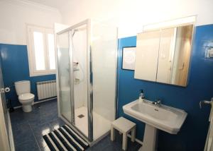 baño azul con ducha y lavamanos en Alojamiento Don Ramón, en Madrid