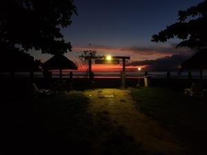 a night view of a beach with a street light at Indaiá Praia Hotel in Bertioga